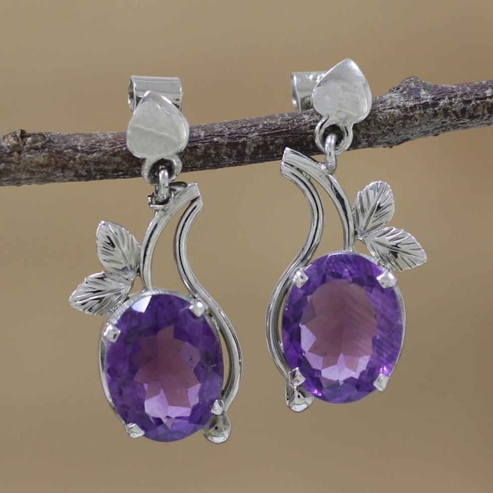 Rhodium Plated Leafy Amethyst Dangle Earrings from India 'Pretty Lilac'