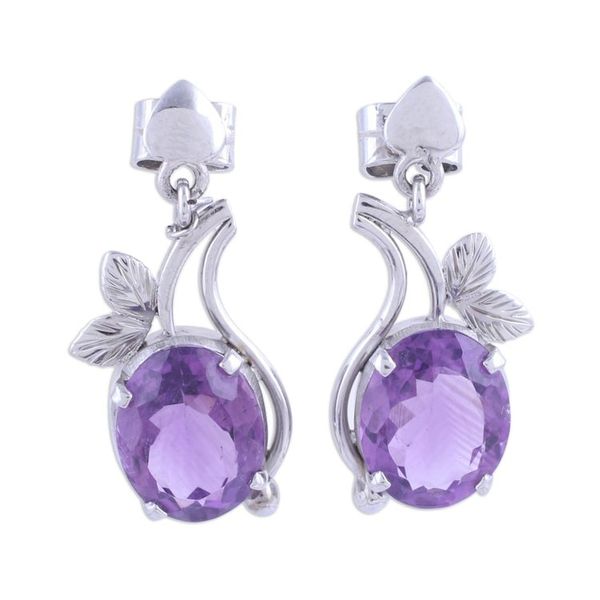 Alternate image for Rhodium Plated Leafy Amethyst Dangle Earrings from India Pretty Lilac