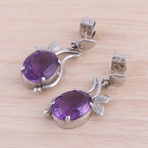 Alternate image for Rhodium Plated Leafy Amethyst Dangle Earrings from India Pretty Lilac