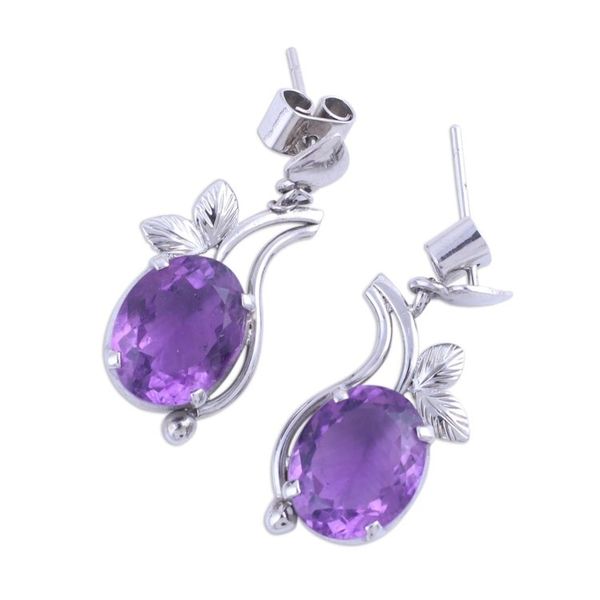 Alternate image for Rhodium Plated Leafy Amethyst Dangle Earrings from India Pretty Lilac