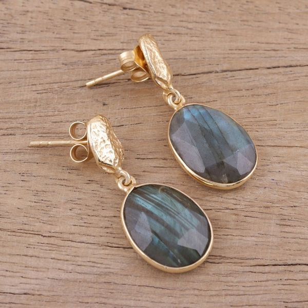 Alternate image for Handmade Gold Vermeil Labradorite Dangle Earrings from India Dazzling Delight