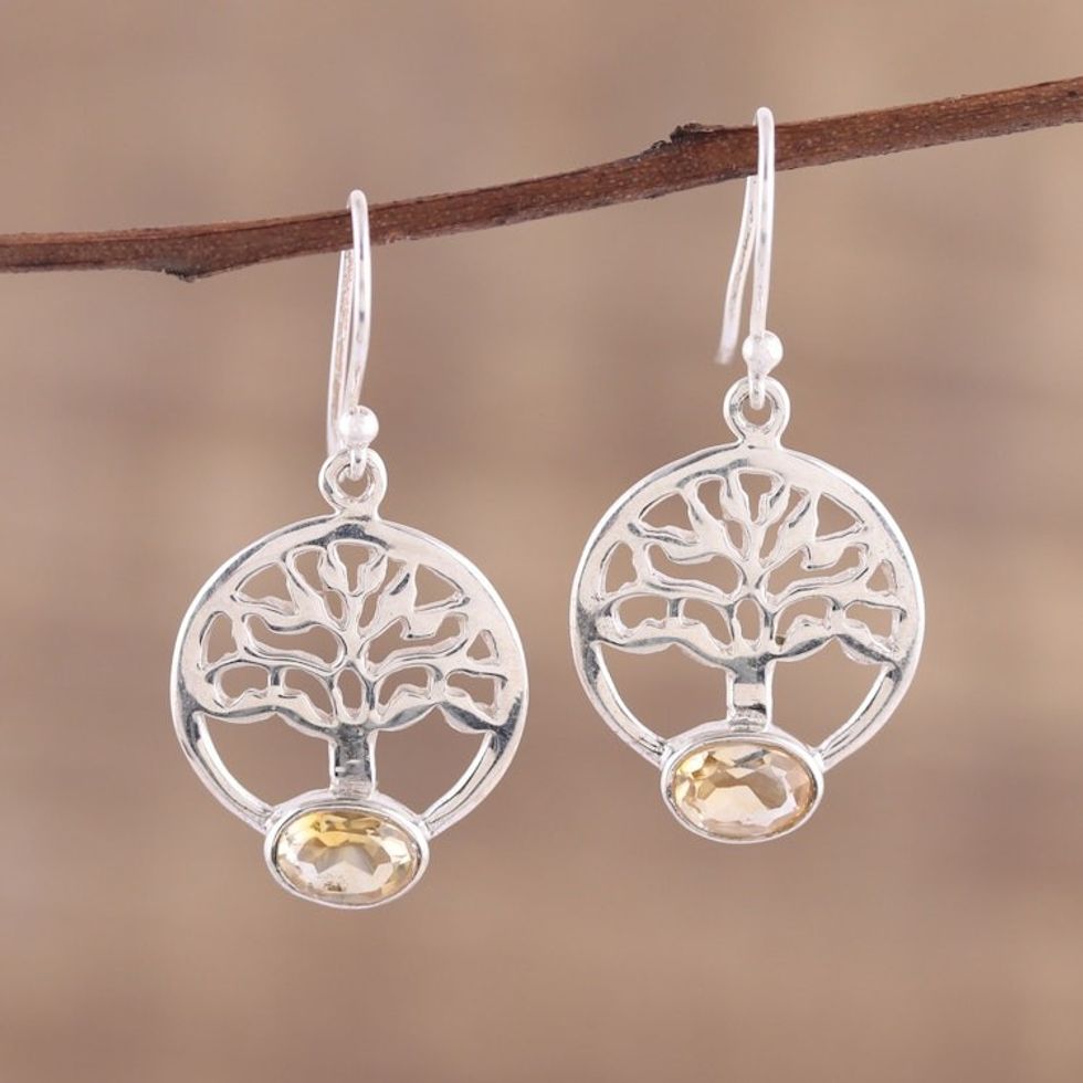 Tree-Shaped Citrine and Silver Dangle Earrings from India 'Corona Trees'