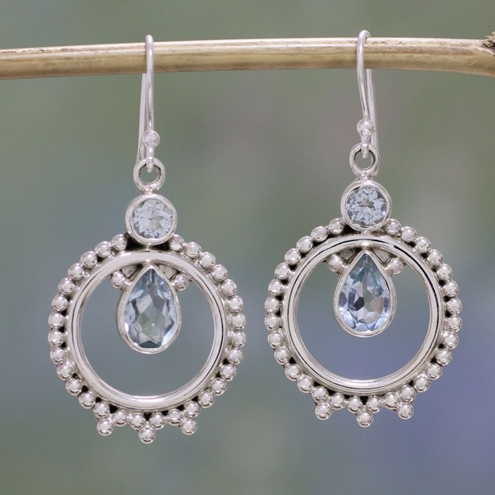 Blue Topaz and Sterling Silver Dangle Earrings from India 'Regal Circles'
