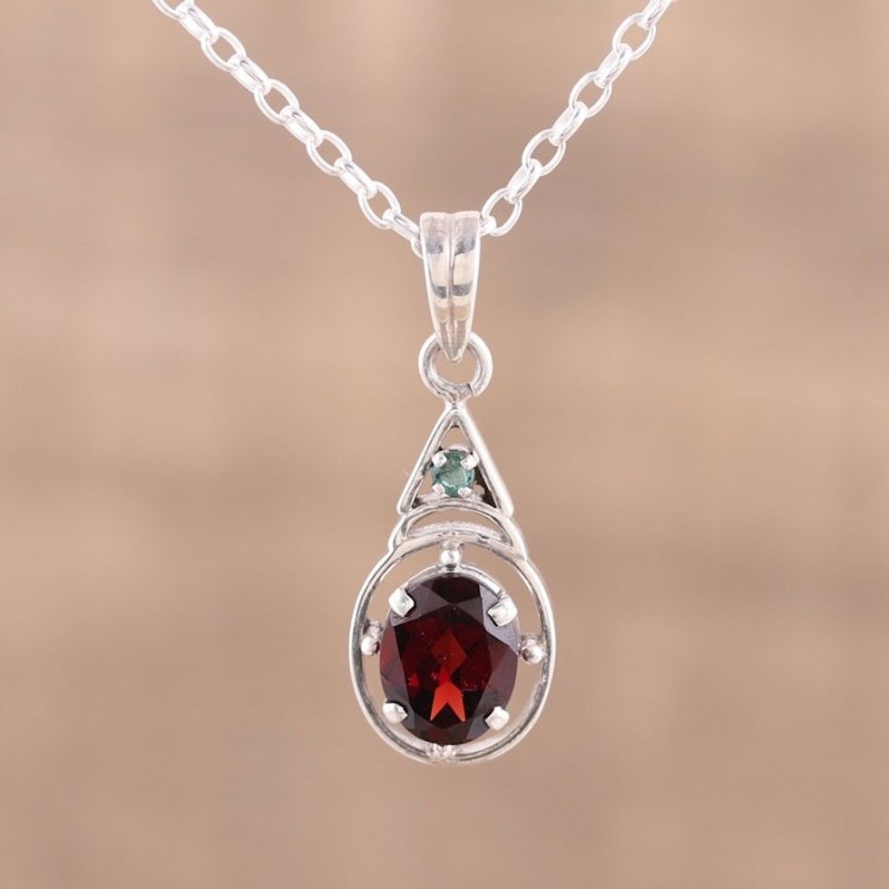 Garnet and Emerald Pendant Necklace from India 'Scarlet Joy'