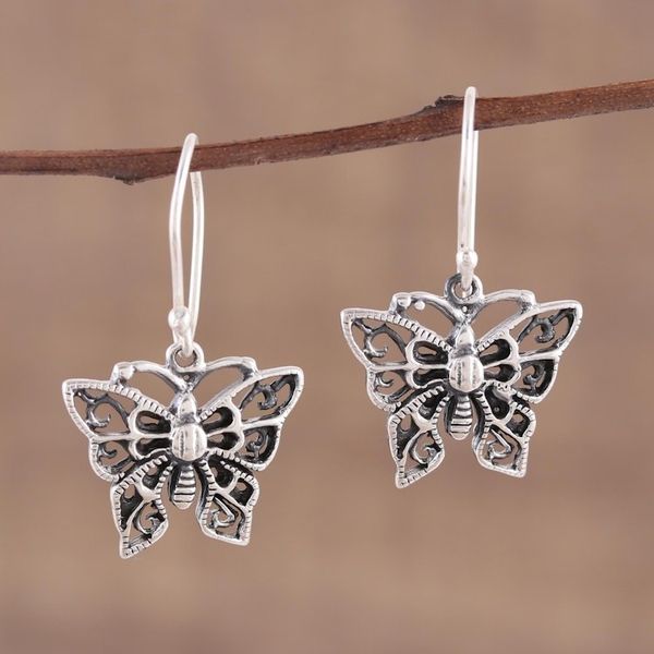Alternate image for Delicate Sterling Silver Butterfly Dangle Earrings Jali Butterfly
