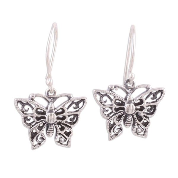 Alternate image for Delicate Sterling Silver Butterfly Dangle Earrings Jali Butterfly
