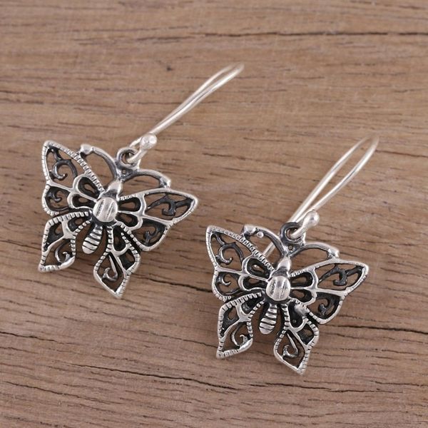 Alternate image for Delicate Sterling Silver Butterfly Dangle Earrings Jali Butterfly