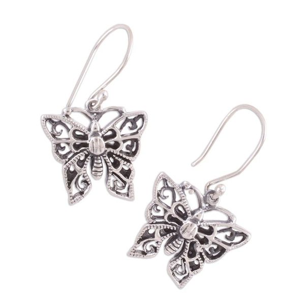 Alternate image for Delicate Sterling Silver Butterfly Dangle Earrings Jali Butterfly