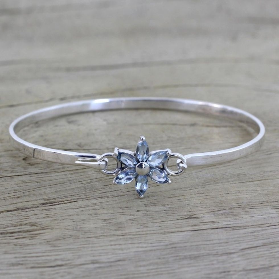 Blue Topaz and Sterling Silver Floral Bracelet from India 'Marquise Flower'