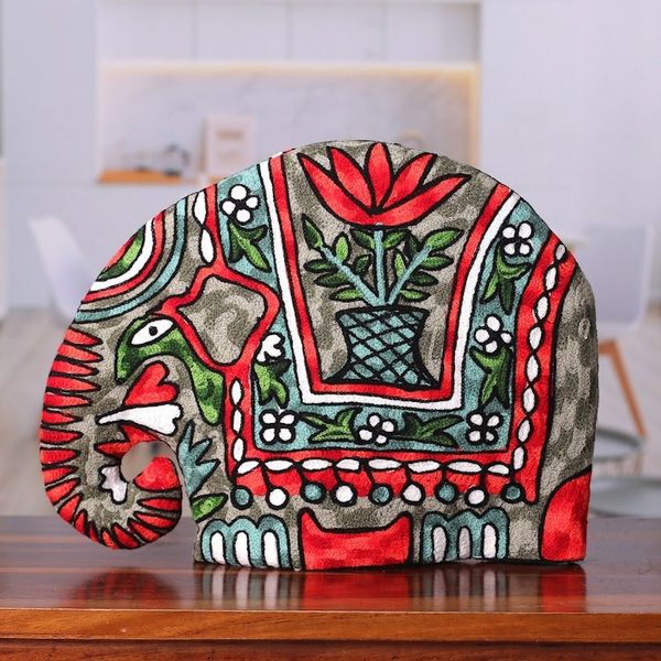 Alternate image for Indian Chain Stitched 100 Wool and Cotton Elephant Tea Cozy Marching Elephant in Orange