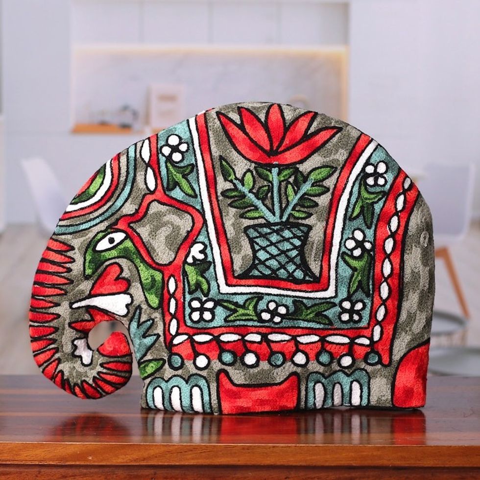 Indian Chain Stitched 100 Wool and Cotton Elephant Tea Cozy 'Marching Elephant in Orange'