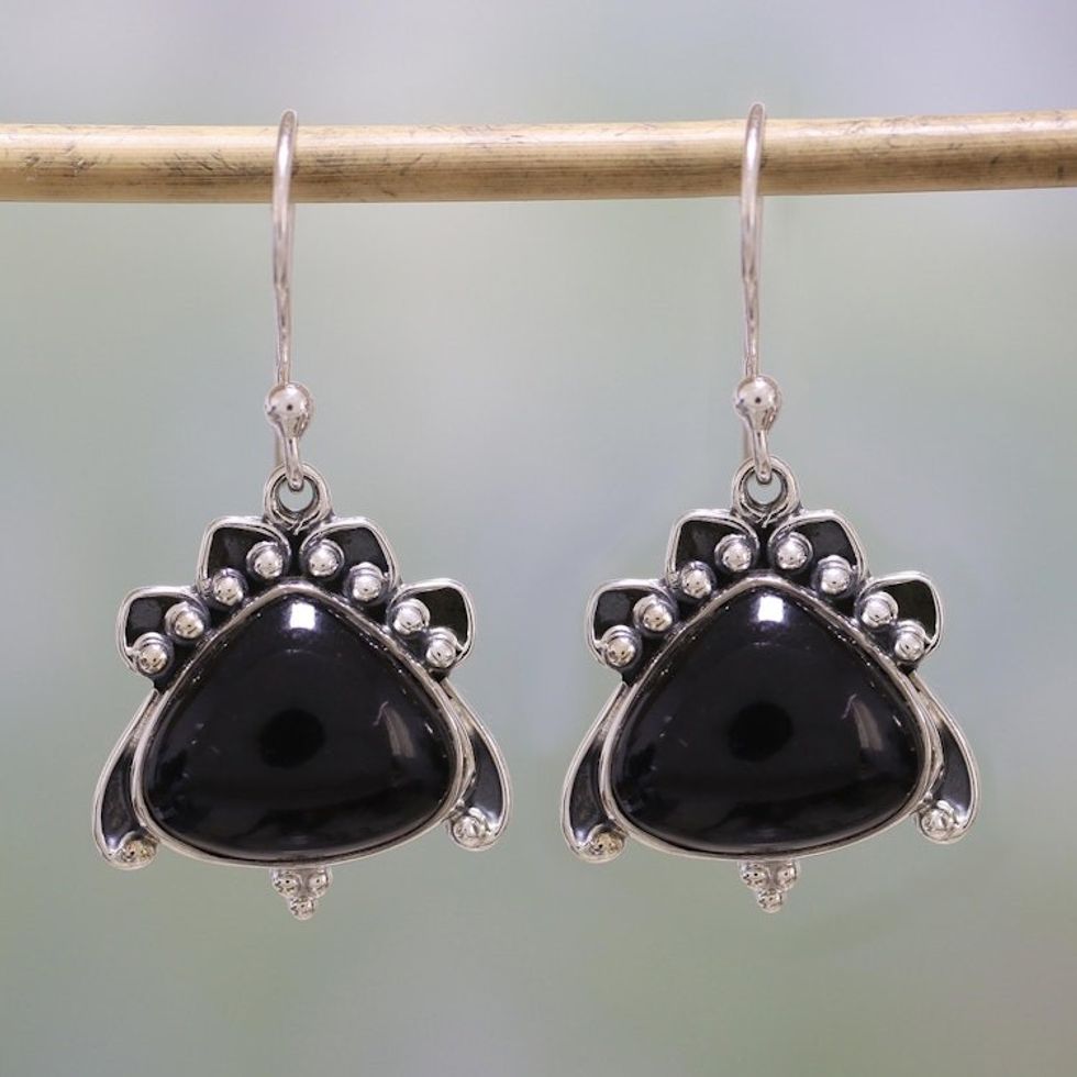 Handmade Onyx and Sterling Silver Dangle Earrings 'Mysterious Allure'