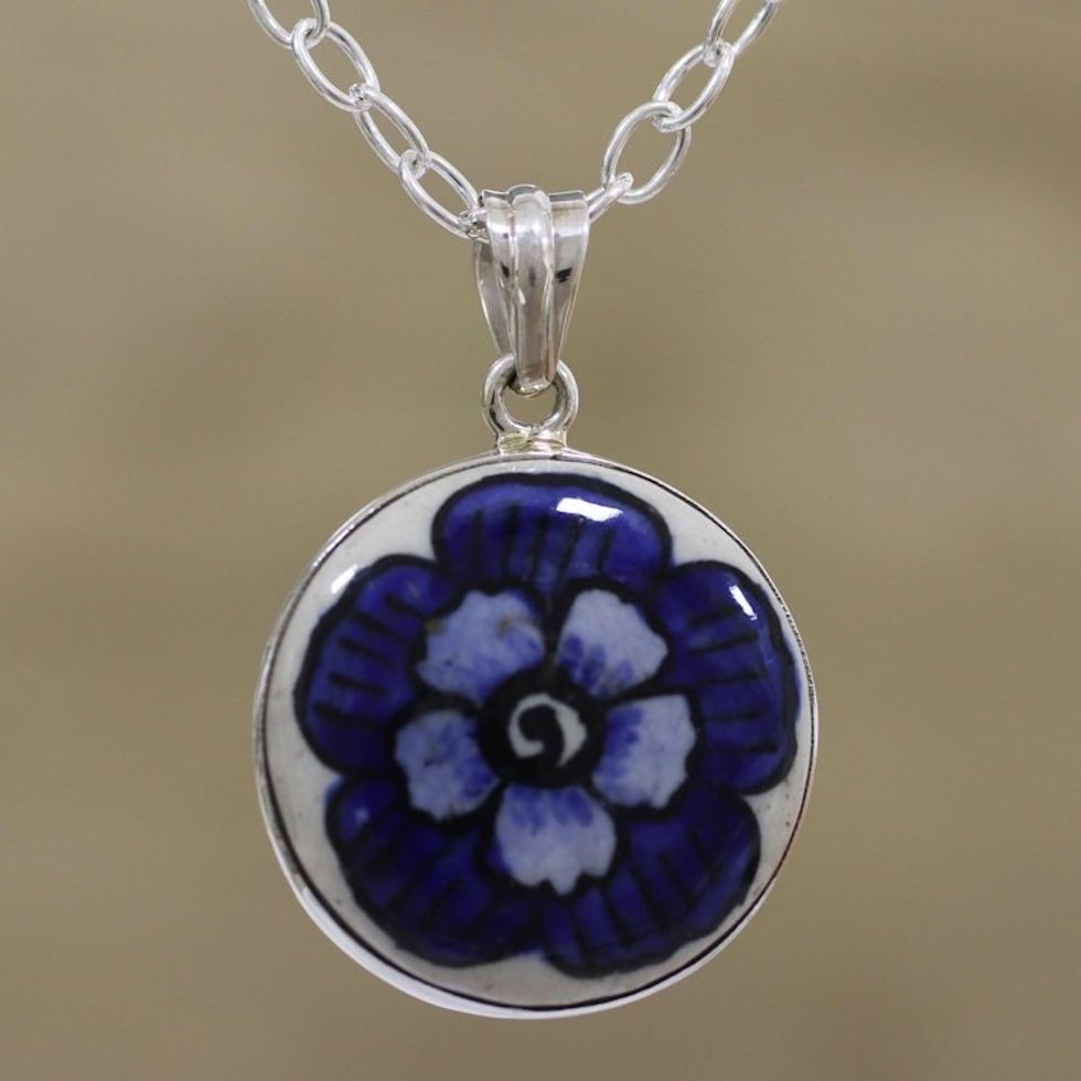 Floral Sterling Silver and Ceramic Necklace from India 'Glorious Bloom'