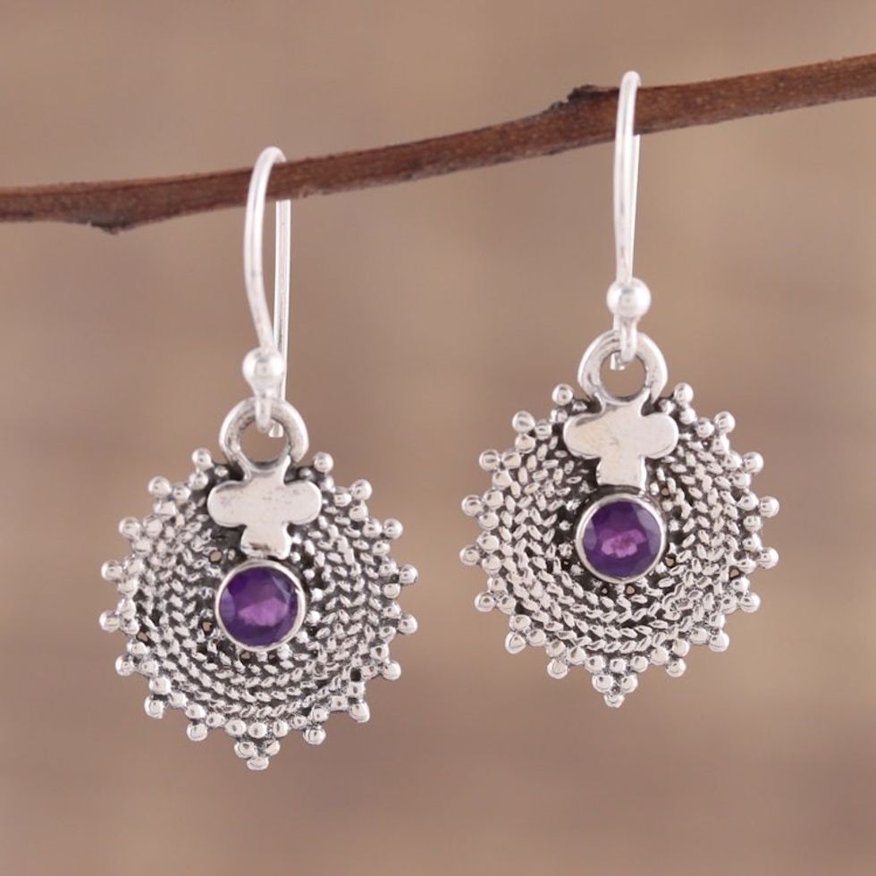Indian Amethyst and Sterling Silver Round Dangle Earrings 'Purple Sunbeams'