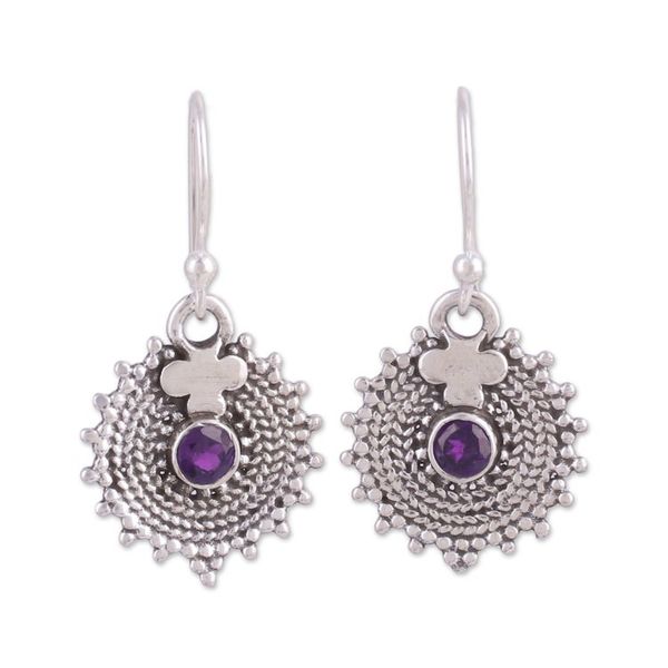 Alternate image for Indian Amethyst and Sterling Silver Round Dangle Earrings Purple Sunbeams