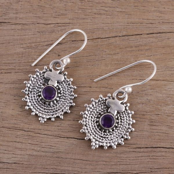 Alternate image for Indian Amethyst and Sterling Silver Round Dangle Earrings Purple Sunbeams