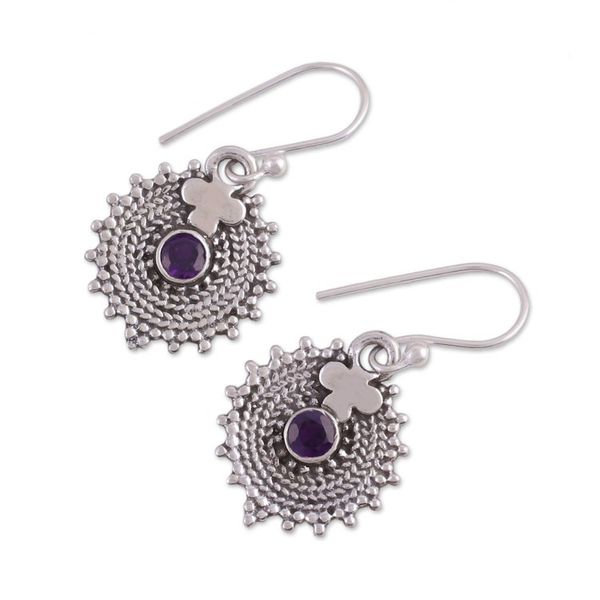 Alternate image for Indian Amethyst and Sterling Silver Round Dangle Earrings Purple Sunbeams
