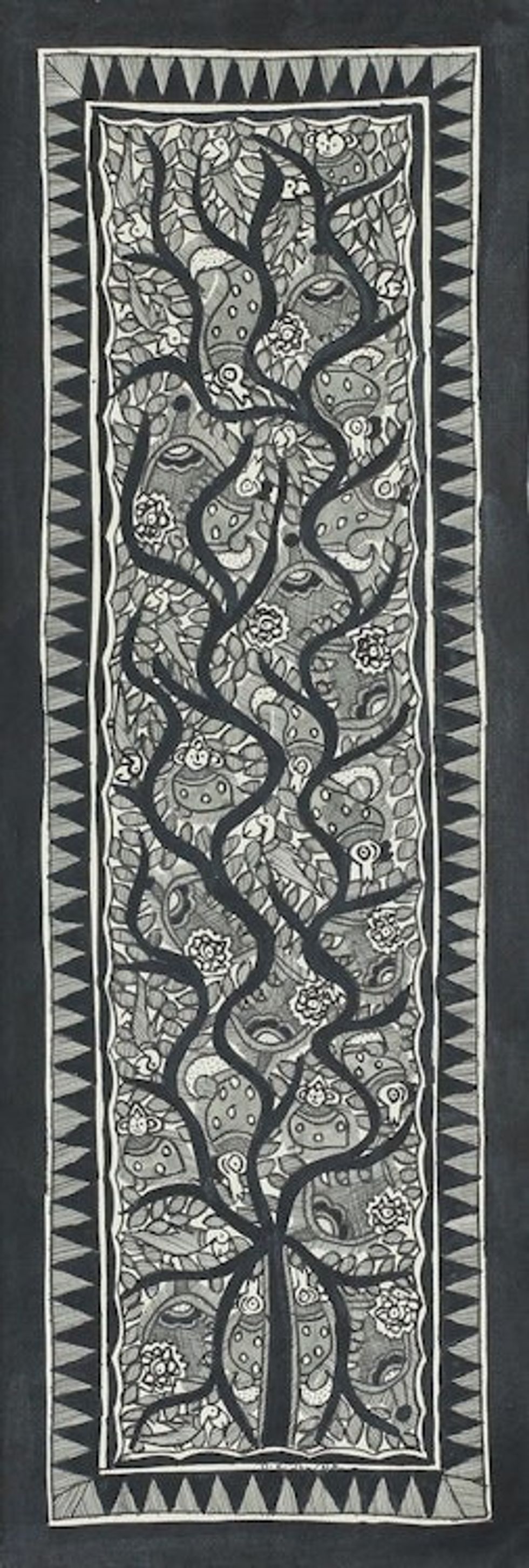 Black and White Madhubani Painting of the Tree of Life 'Bihar Celebration of Life'