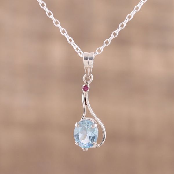 Alternate image for Blue Topaz and Ruby Pendant Necklace from India Enthralling Sky