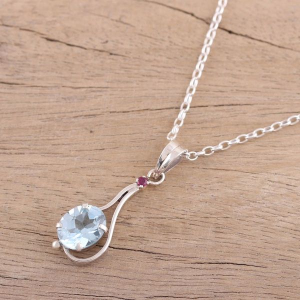 Alternate image for Blue Topaz and Ruby Pendant Necklace from India Enthralling Sky