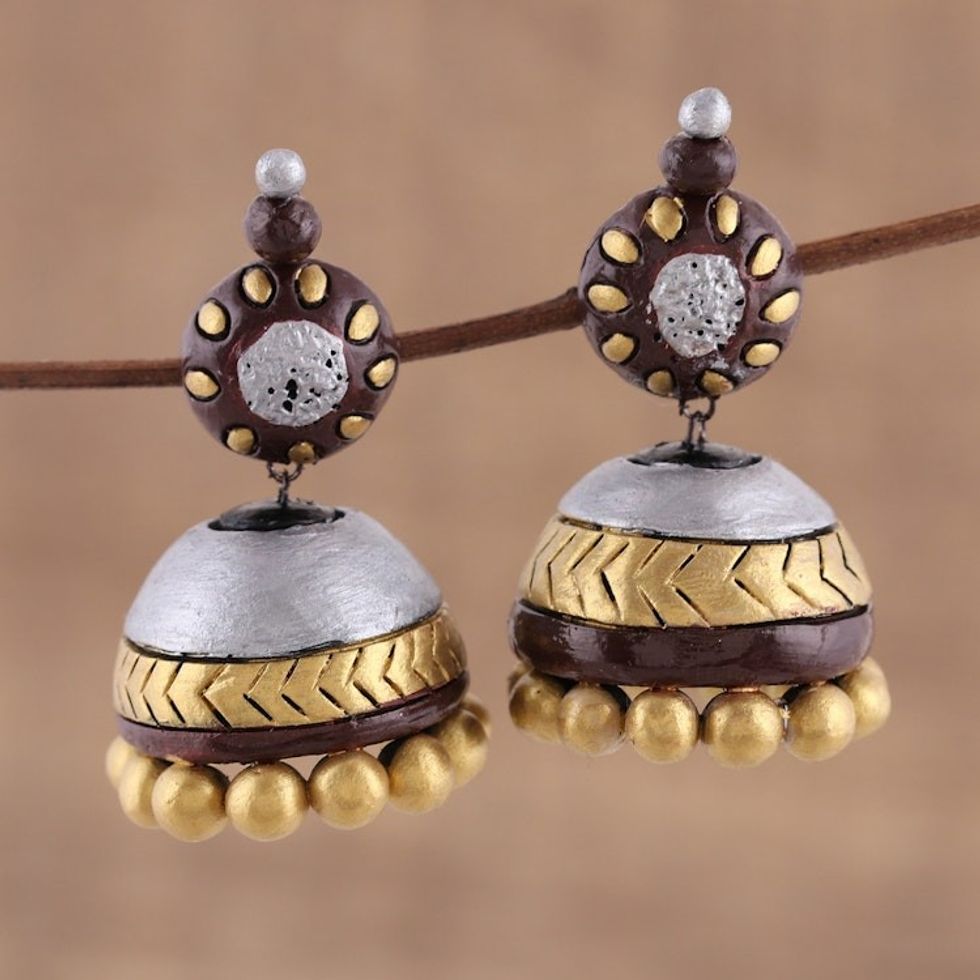 Ceramic Dangle Earrings in Gold and Silver from India 'Gleaming Sonata'