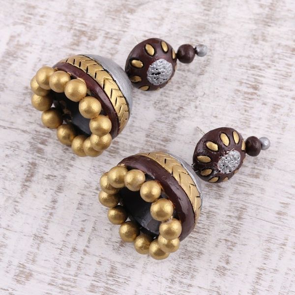 Alternate image for Ceramic Dangle Earrings in Gold and Silver from India Gleaming Sonata