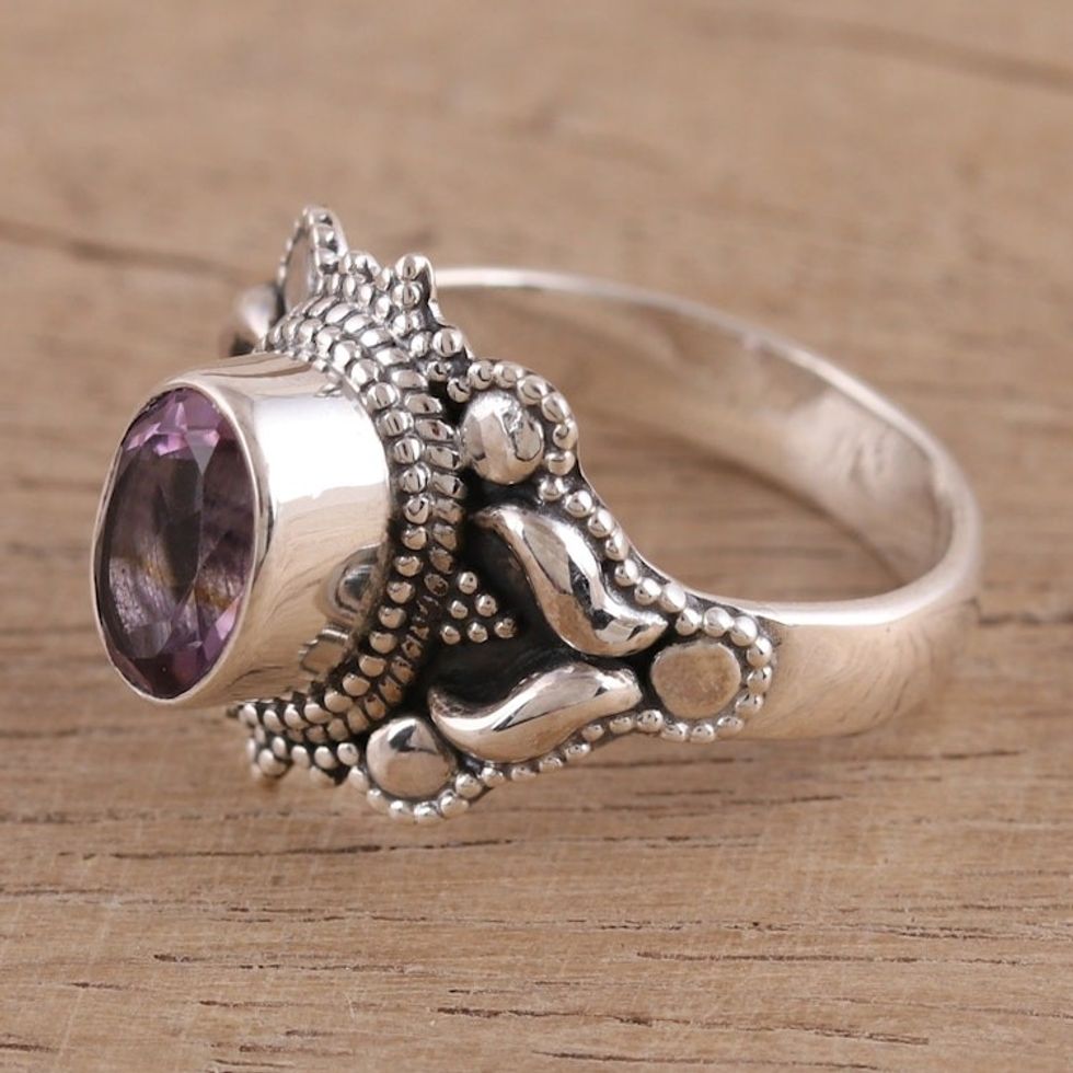 Oval Amethyst and Sterling Silver Cocktail Ring from India 'Ethereal Tendrils'