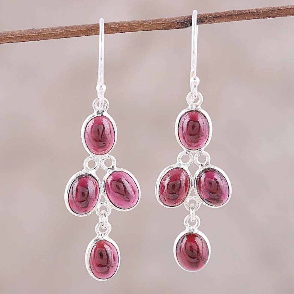 Dangle Earrings with Eight Garnet Stones Crafted in India 'Scarlet Ovals'