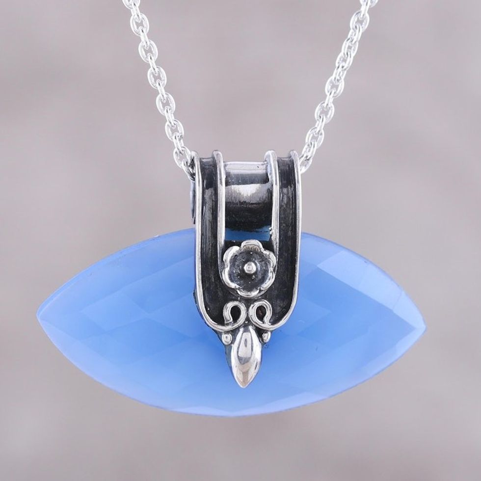 Blue Chalcedony and Silver Pendant Necklace from India 'Regal Eye'