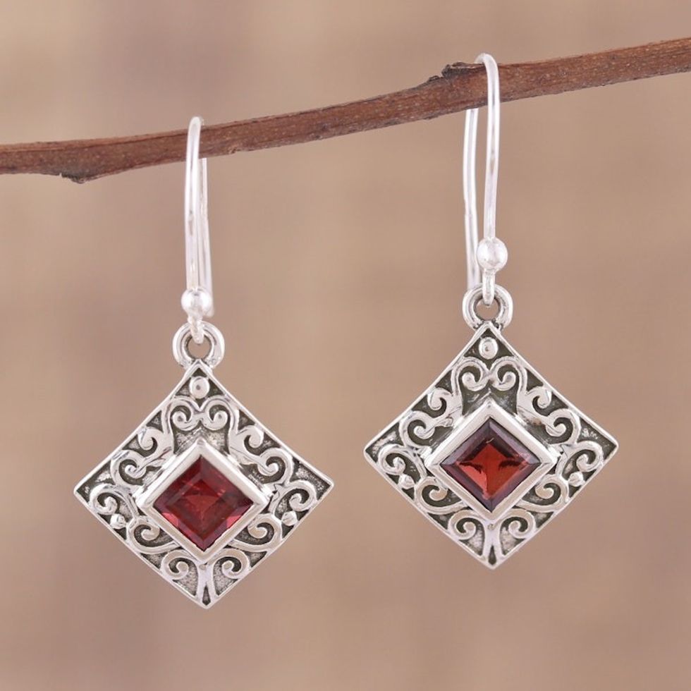 Garnet and Sterling Silver Dangle Earrings from India 'Everlasting Elegance'