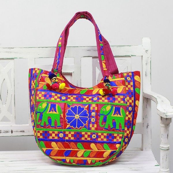 Alternate image for Multicolored Embroidered Tote Handbag from India Elephant Flower in Fuchsia