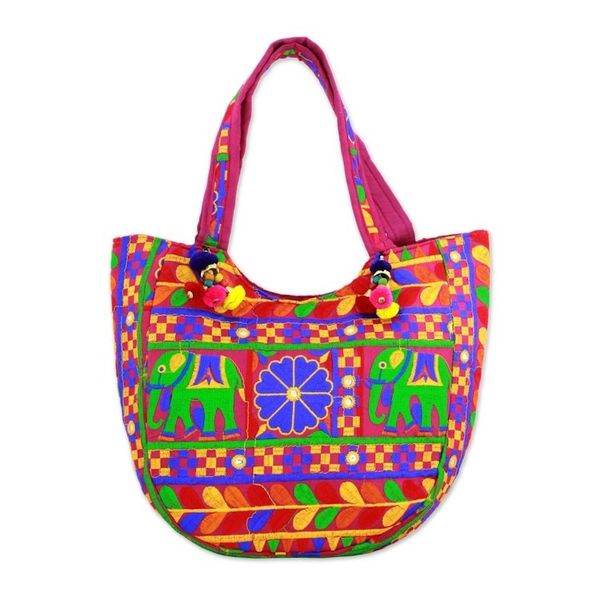 Alternate image for Multicolored Embroidered Tote Handbag from India Elephant Flower in Fuchsia