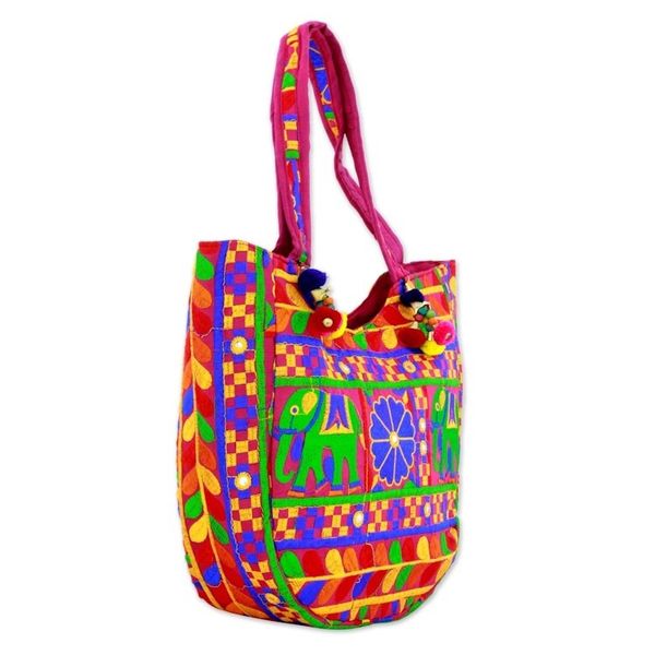 Alternate image for Multicolored Embroidered Tote Handbag from India Elephant Flower in Fuchsia
