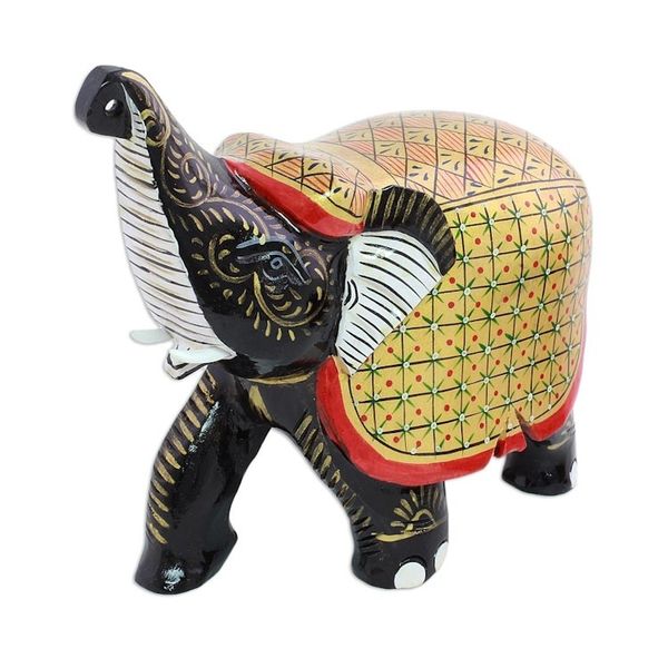 Alternate image for Handcrafted Black Elephant Wood Figurine with Golden Coat Elephant Fortune