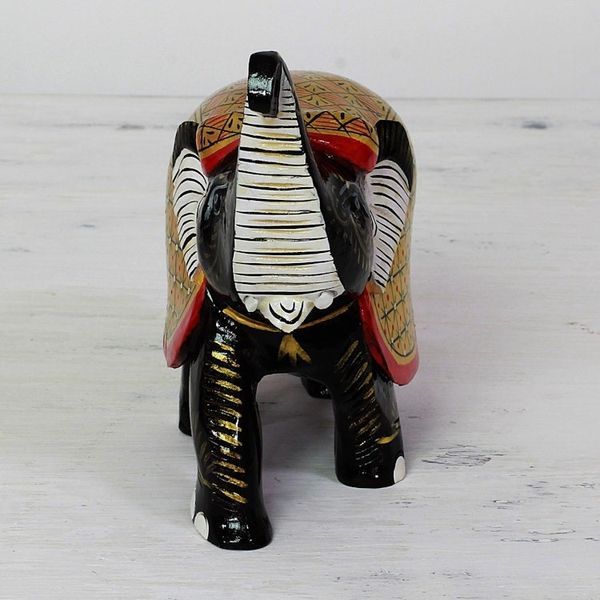 Alternate image for Handcrafted Black Elephant Wood Figurine with Golden Coat Elephant Fortune