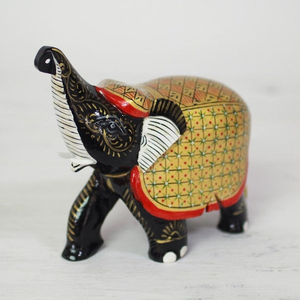 Alternate image for Handcrafted Black Elephant Wood Figurine with Golden Coat Elephant Fortune