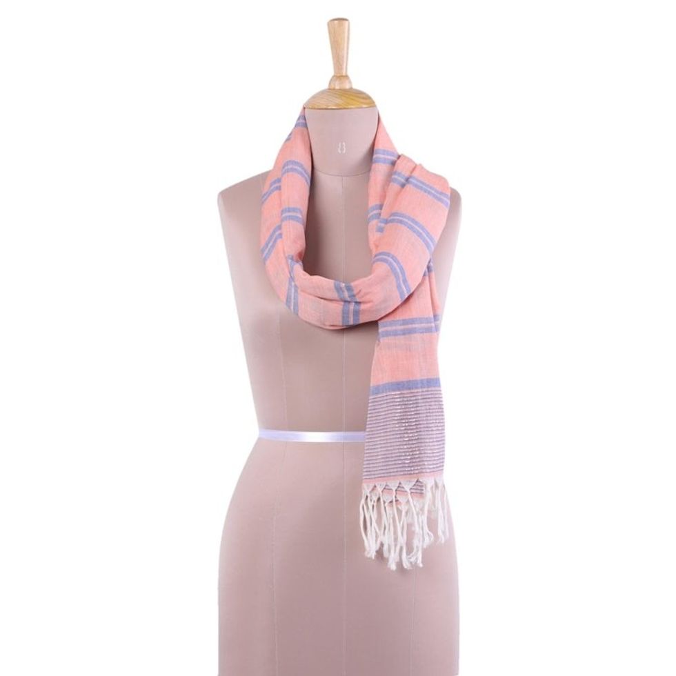 Hand Woven Peach Cotton Scarf with Blue Stripes from India 'Melon Stripes'