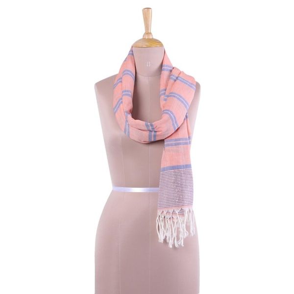 Alternate image for Hand Woven Peach Cotton Scarf with Blue Stripes from India Melon Stripes