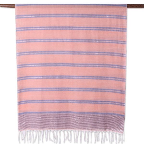 Alternate image for Hand Woven Peach Cotton Scarf with Blue Stripes from India Melon Stripes