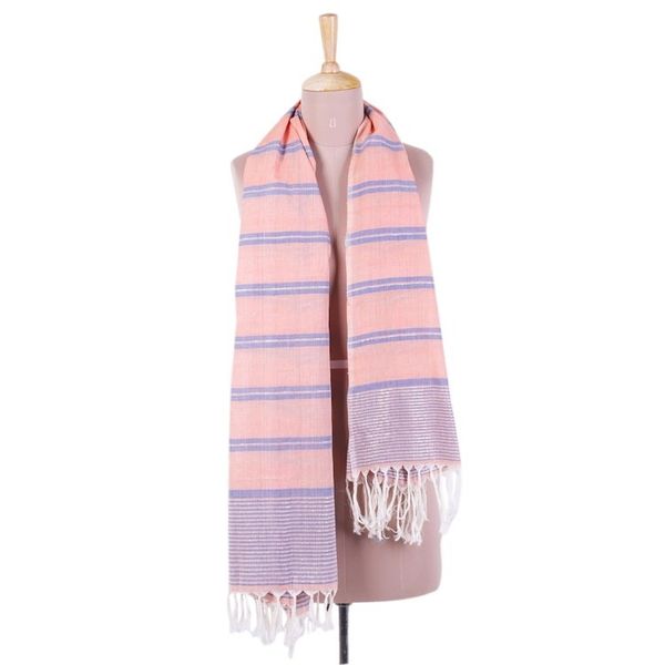 Alternate image for Hand Woven Peach Cotton Scarf with Blue Stripes from India Melon Stripes