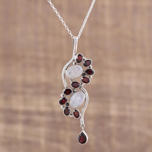 Alternate image for Garnet and Rainbow Moonstone Pendant Necklace from India Sparkling Spiral