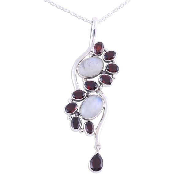 Alternate image for Garnet and Rainbow Moonstone Pendant Necklace from India Sparkling Spiral