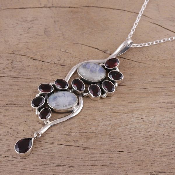 Alternate image for Garnet and Rainbow Moonstone Pendant Necklace from India Sparkling Spiral