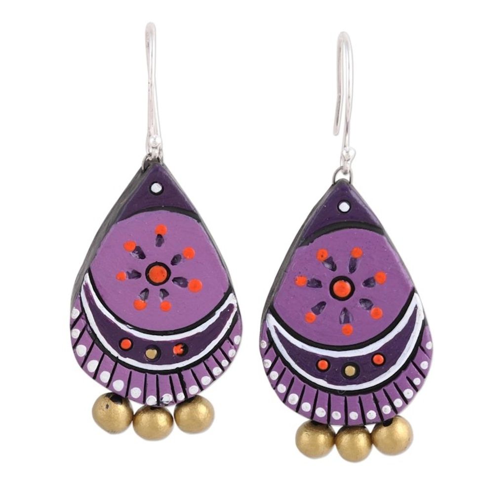 Hand Crafted Ceramic Dangle Earrings from India 'Lavender Harmony'