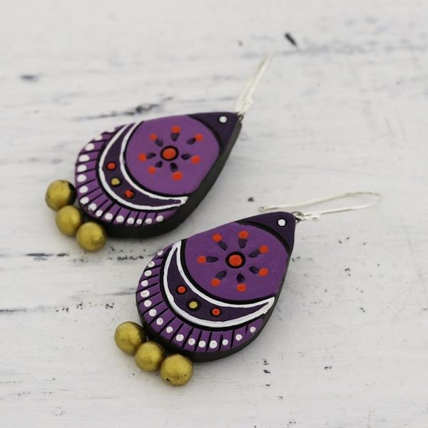 Alternate image for Hand Crafted Ceramic Dangle Earrings from India Lavender Harmony