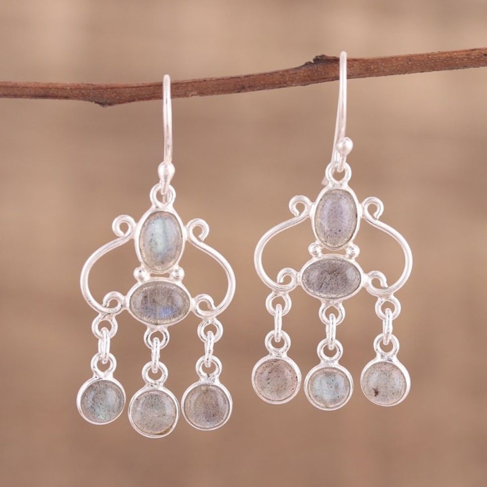 Handcrafted Labradorite Chandelier Earrings from India 'Fanciful Swirls'