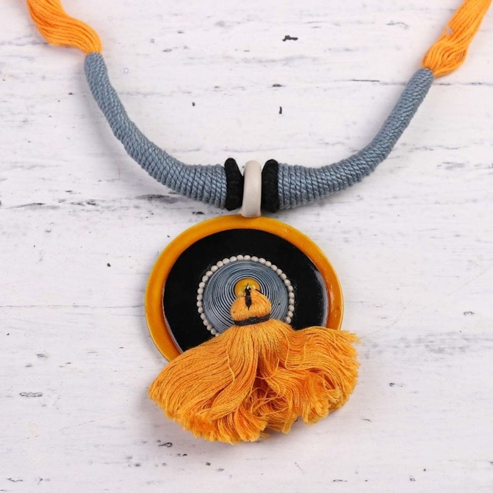 Marigold Ceramic and Cotton Pendant Necklace from India 'Sunset in Kolkata'