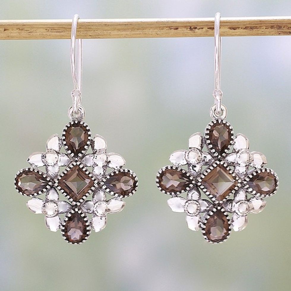 Smoky Quartz and Sterling Silver Dangle Earrings from India 'Butterfly Flowers'