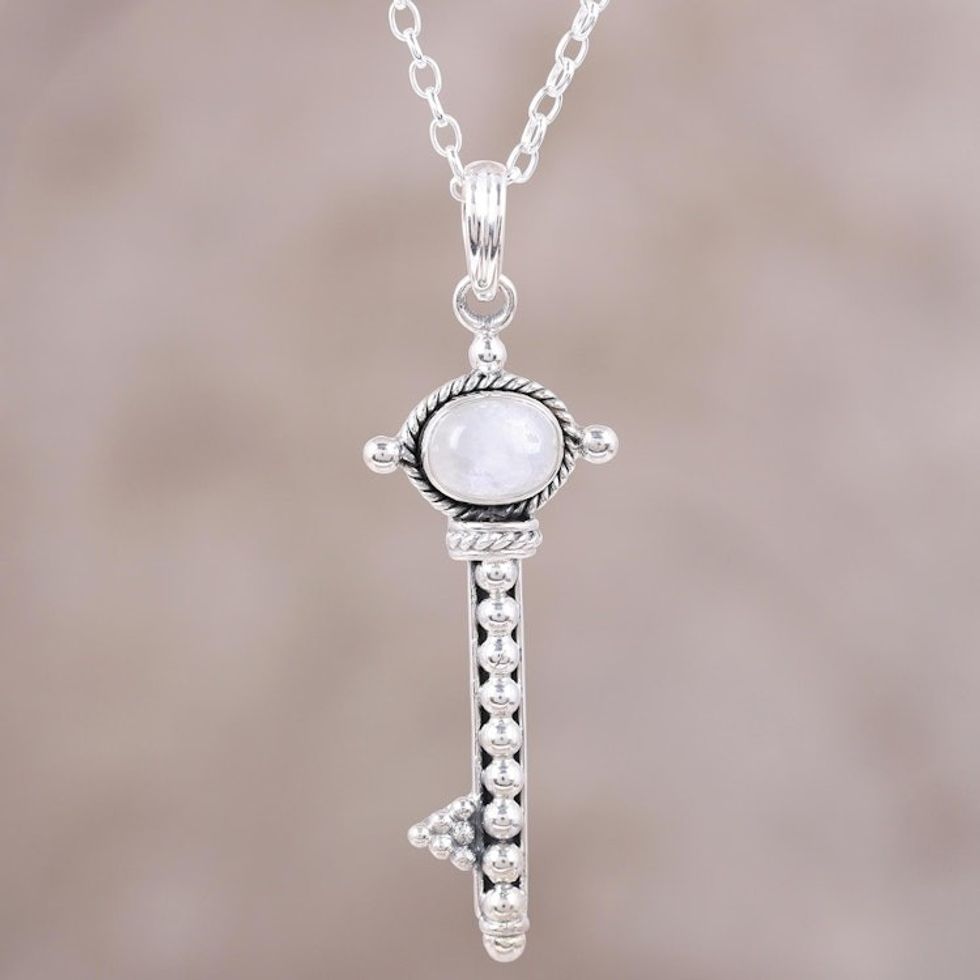 Key Pendant Necklace with Rainbow Moonstone 'Key to Paradise'