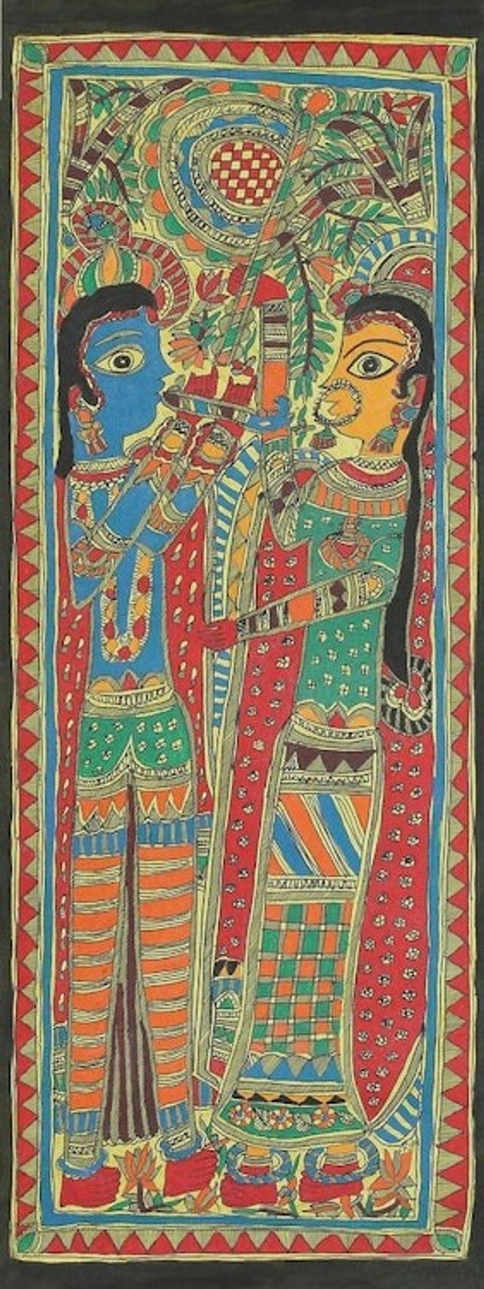 Signed Madhubani Painting of Radha and Krishna Together 'Endless Love of Radha and...'
